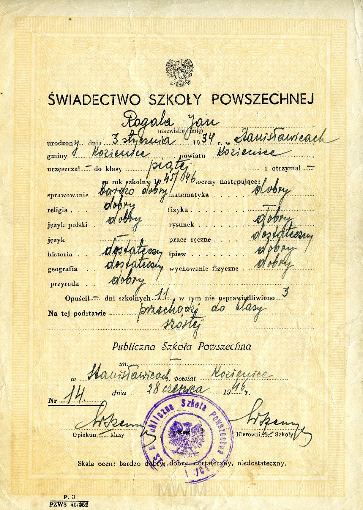 KKE 5850.jpg - Dok. Świadectwo szkolne wystawione przez Publiczna Szkołę Powszechną stopnia drugiego w Stanisławowicach dla Jana Rogala, Stanisławowice, 28 VI 1946 r.